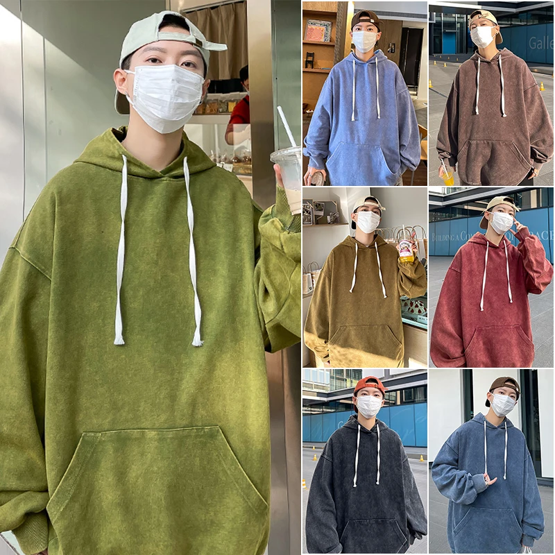 

Hybskr Retro Washed Hoodies Sweatshirt Man Baggy Oversized Cotton Tops Autumn New Pullovers Hoody Street Solid Color Harajuku