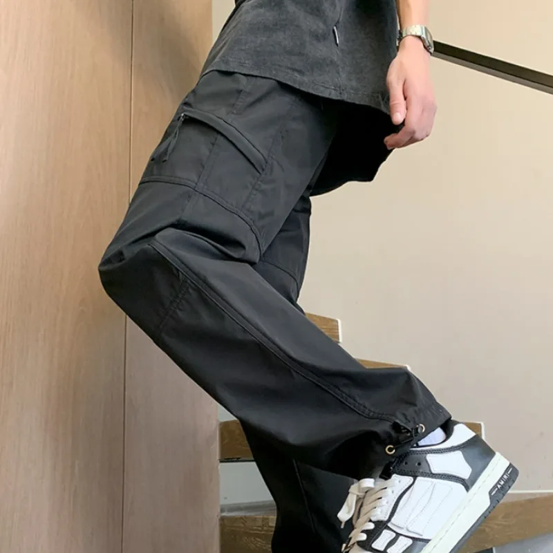 Men's Clothing Zipper Pockets Elastic High Waist Solid Color Casual Loose Cargo Straight Spring Autumn England Style Pants