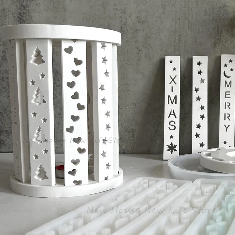 Christmas Series Lantern Candle Holder Silicone Mold Long Strip Splicing Tea Lamp Molds Christmas Tree Star Candlestick Mold