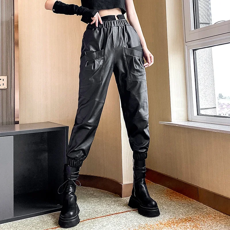 

Genuine Leather Pants Women Sheepskin Casual Pants Women Trousers Elastic Waist Cargos Pants Small Foot Calf-length cargo femmes