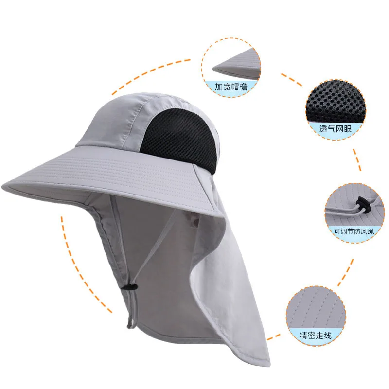 Cap circumference56-58cm Summer Outdoor Shade Sun Hat Large Breathable Eaves Shawl Fisherman Caps Male Mountain Caps