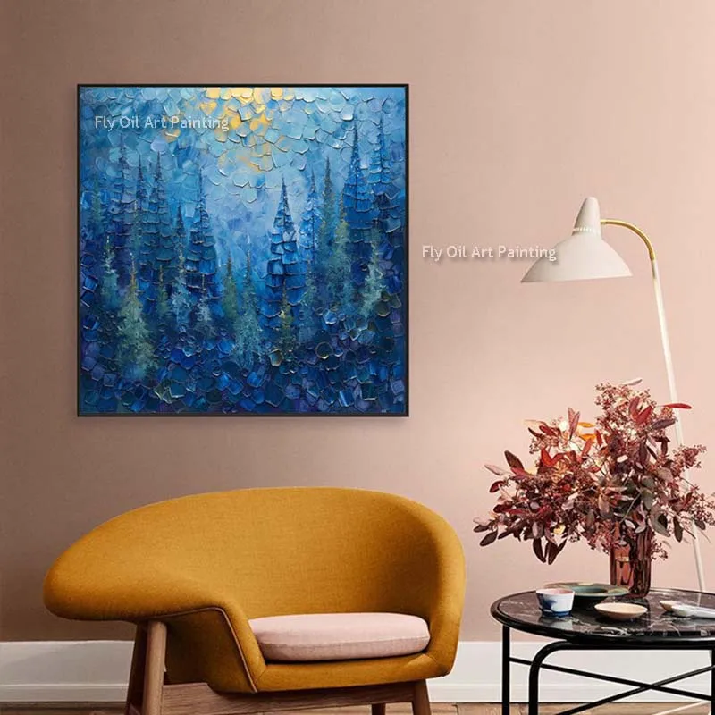 

Hand Painted Blue Forest Oil Painting Abstract Textured Dark Blue Flower Tree Canvas Wall Art Nature Landscape For Room Decor