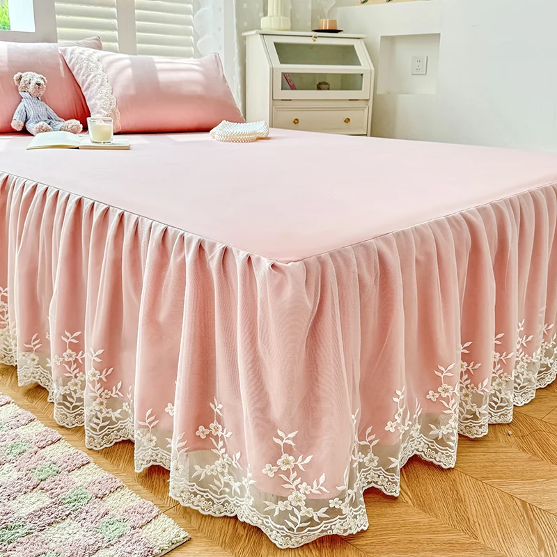 1PCS Pink Elegant Princess Bed Skirt Non-slip Mattress Cover Ruffled Lace Solid Color Bedsheet Protector Bedspread No Pillowcase 2