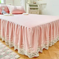1PCS Pink Elegant Princess Bed Skirt Non-slip Mattress Cover Ruffled Lace Solid Color Bedsheet Protector Bedspread No Pillowcase 2