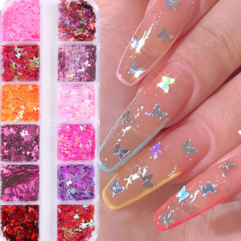 

12 Grids/box Laser Love Heart Butterfly Nail Sequins Mixed Color Sparkle Nail Glitter Flakes 3D Nail Art Decorations Accessories