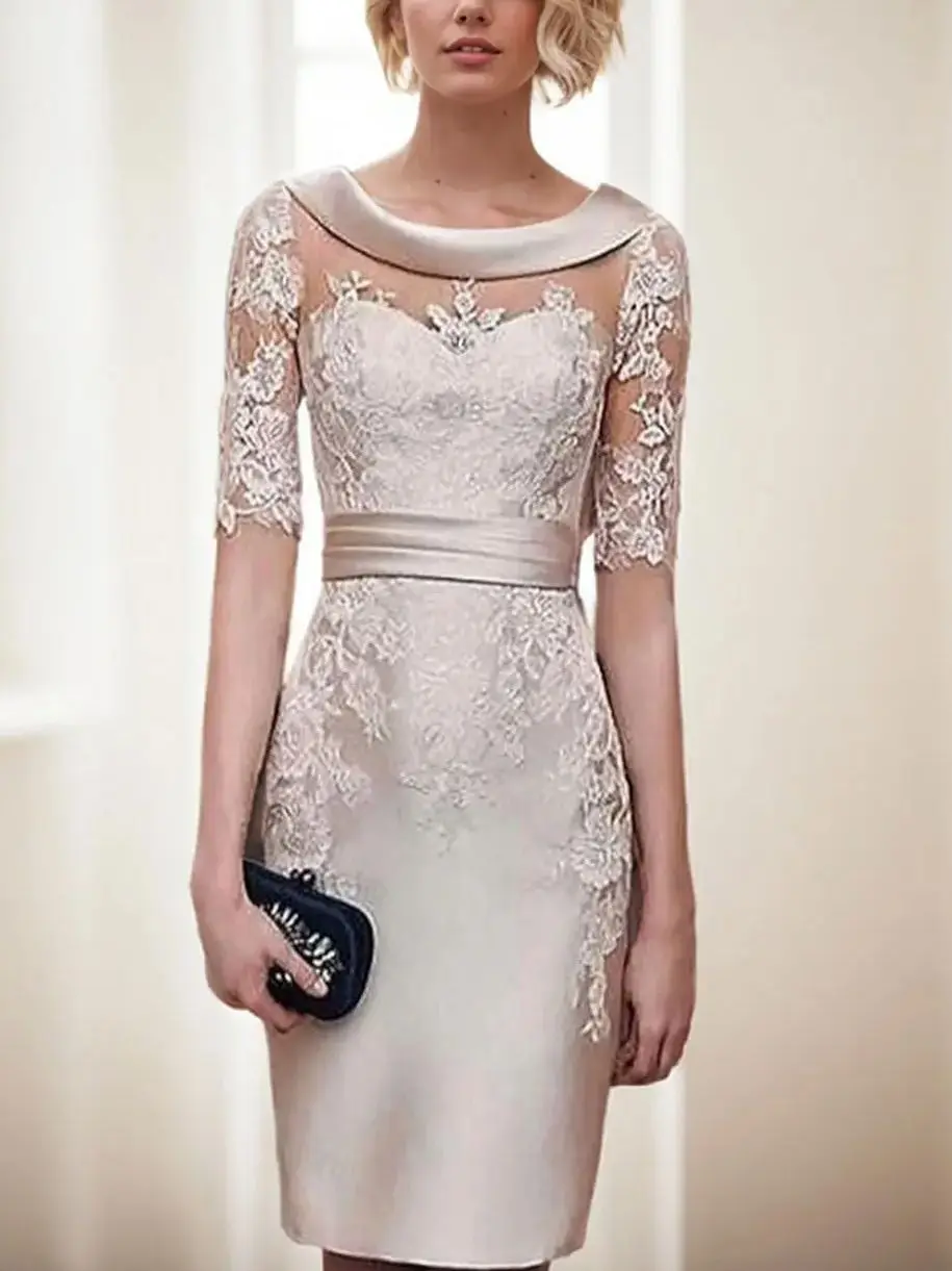 Robe fourreau classique élégante pour invités de mariage, col bateau, en Satin, longueur aux genoux, demi-manches, avec des Appliques en dentelle, robe de bal, personnalisée gratuitement, 2025