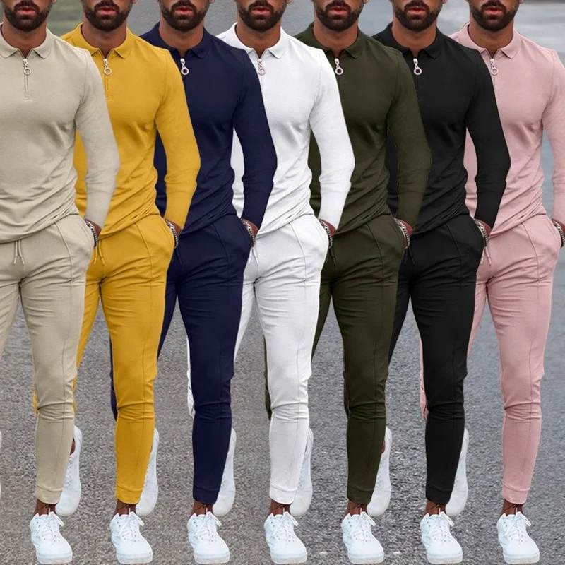 Men's Sports Suit Autumn New Fashion Casual Suit Lapel Solid Color Long