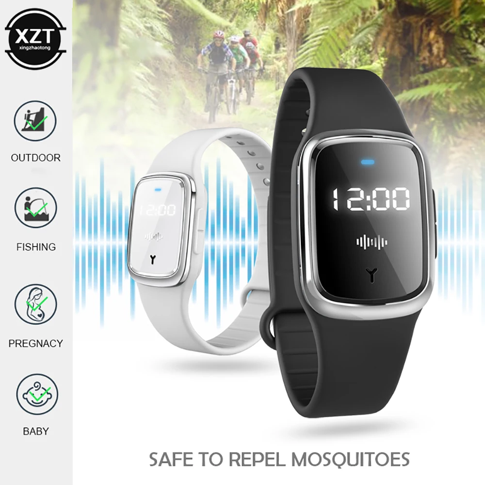 New Ultrasonic Mosquitoes Repeller Bracelet Summer Indoor Outdoor Anti Mosquitoes Bite Wristband with Time Display Watch