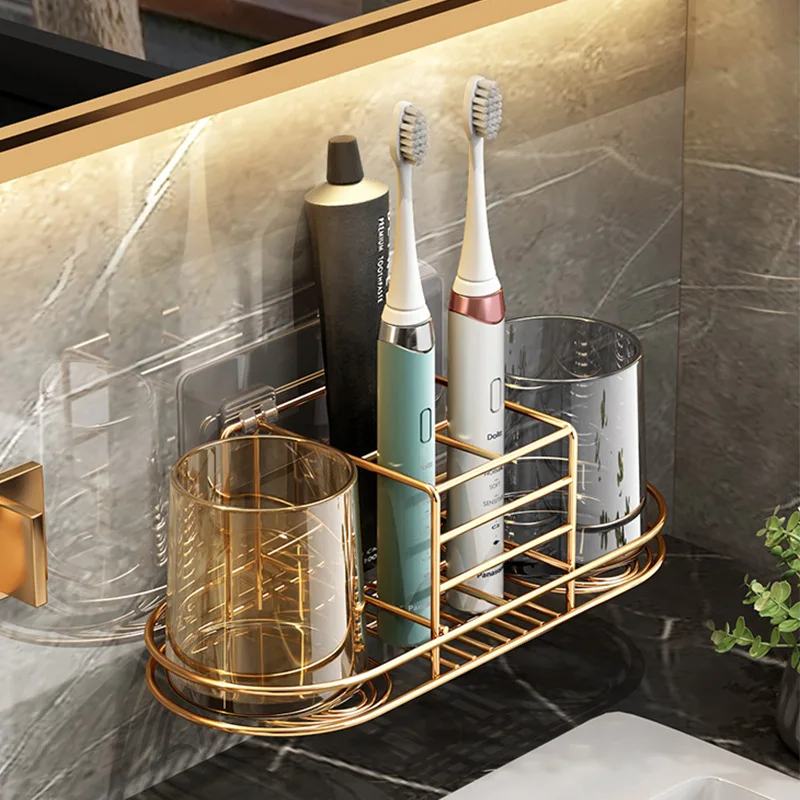 

Punch-free toothbrush rack mouthwash cup brushing cup wall-mounted bathroom wall-mounted storage tooth tank set