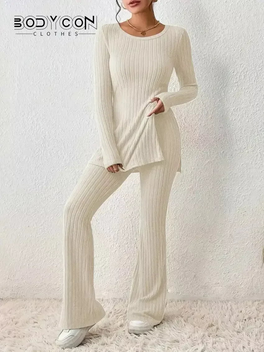 

Bodycon Casual Autumn Women Pajama Sets Slim Fit Home Clothing Winter Long Sleeve Top Shirt Solid Color Pants Lady Suit Set