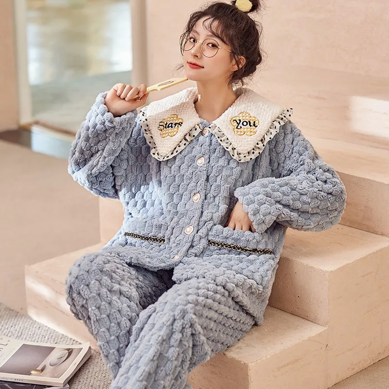 2024 New Coral Fleece Pajamas Women Autumn Winter Nightgown Thickened Warm Sleepwear Simple Girls Polo Collar Home Clothing Set