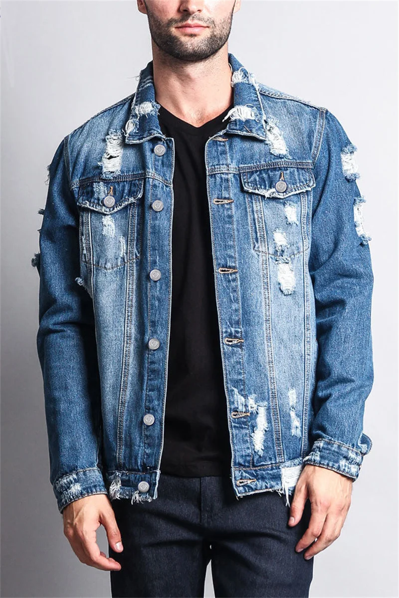 Fashion Trend Men's Broken Holes Denim Jacket Street Casual Male Youth Single-breasted Splicing Pocket Long Sleeve Slim Fit Coat new men s slim white jeans fashion ripped holes skinny destroyed denim pants 2023 male streetwear high quality joggers jeans