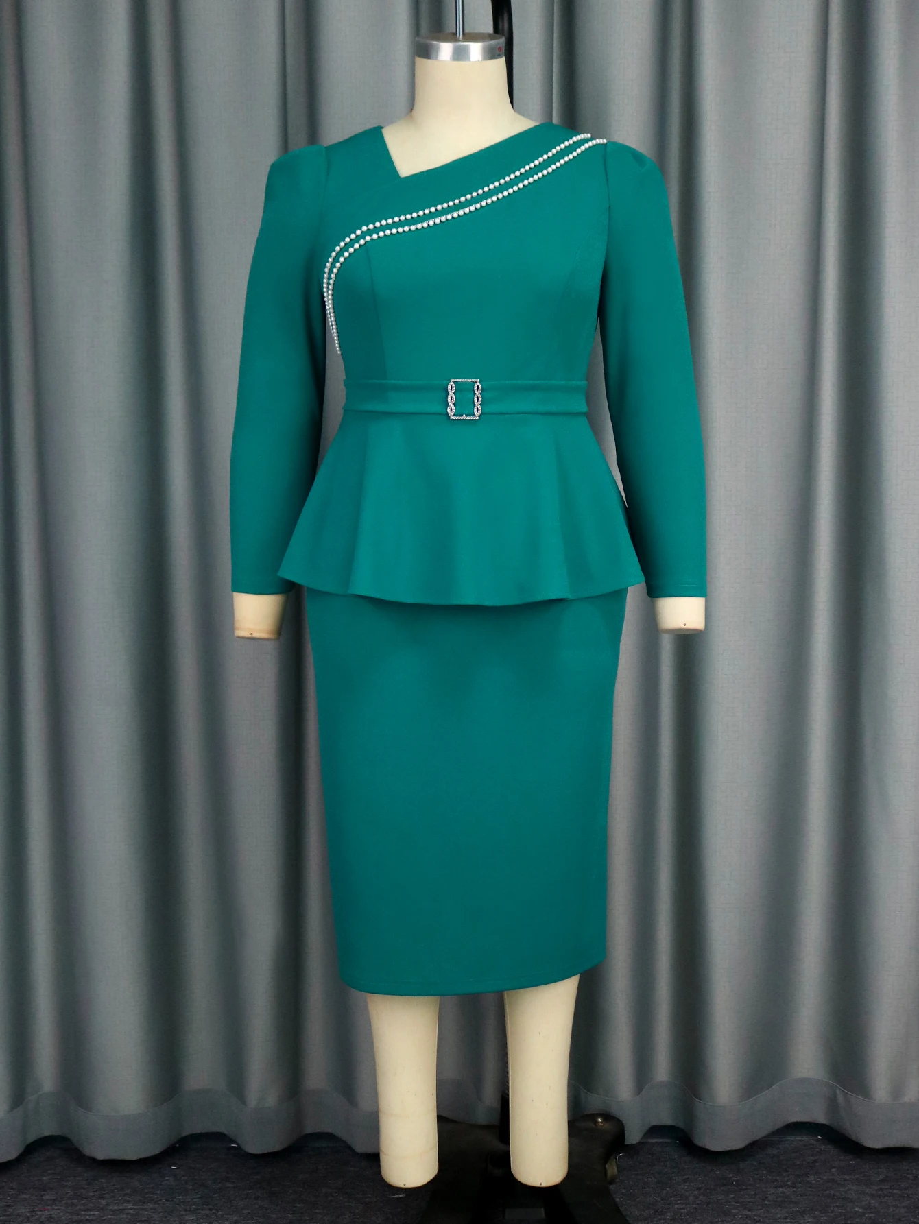 green emerald velvet dress Zapaka Women Dark Green Bodycon Short Work Dress with Ruffles Long Sleeves Boat Neck Semi Formal Dress, Dark Green / US14