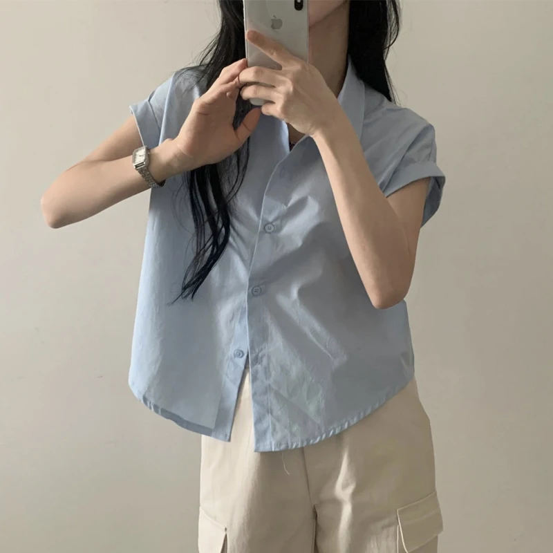 Women's Fashion Summer Turn Down Collar Roll-Sleeved Shirt Short Sleeve Blouse Blue Tops Casual Clothes 8508