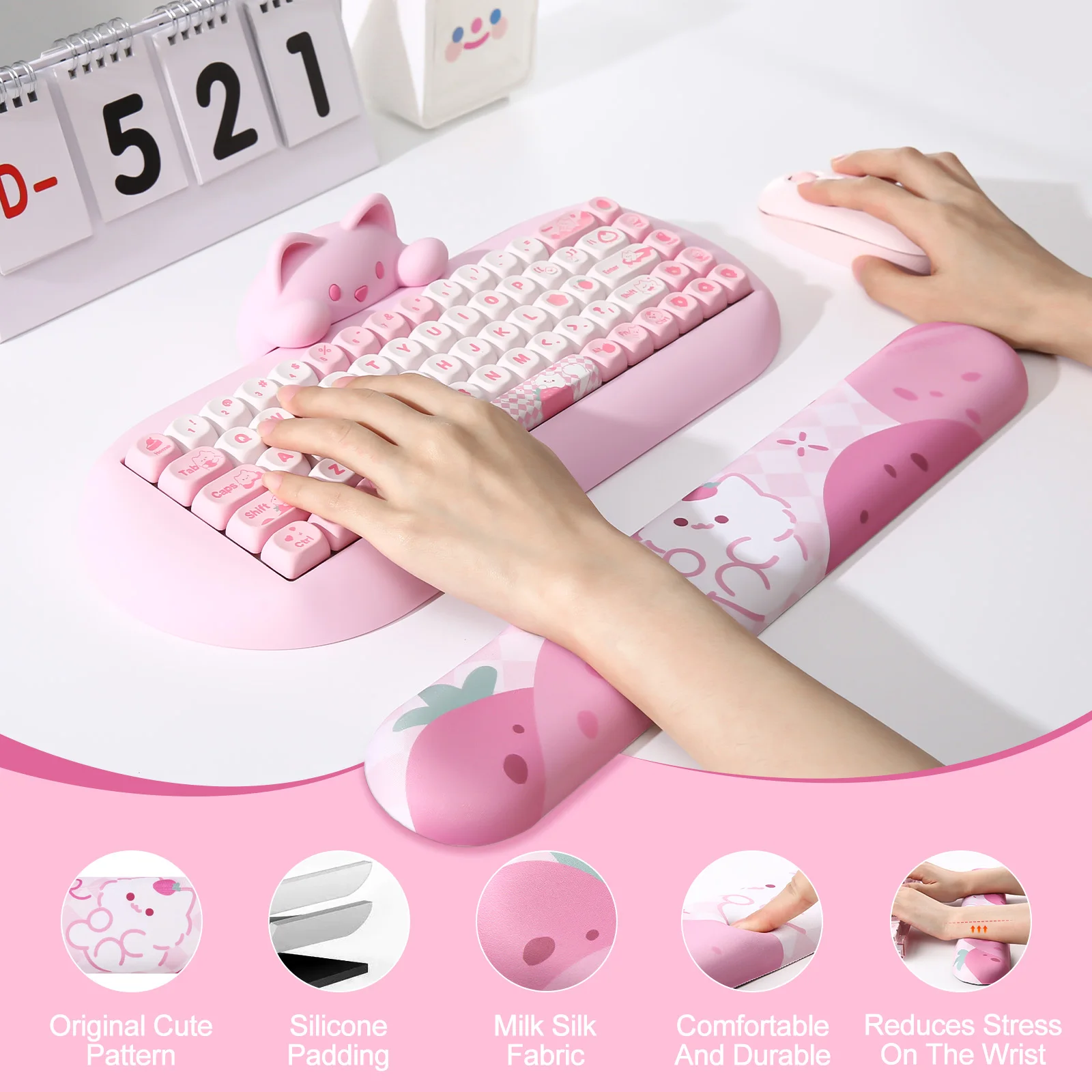 Yunzii-teclado Ergonômico Bonito Descanso de Pulso Base pu Antiderrapante Miau Rosa Apto para Escritório Jogos Computador tipo Alívio da Dor - Imagem 6