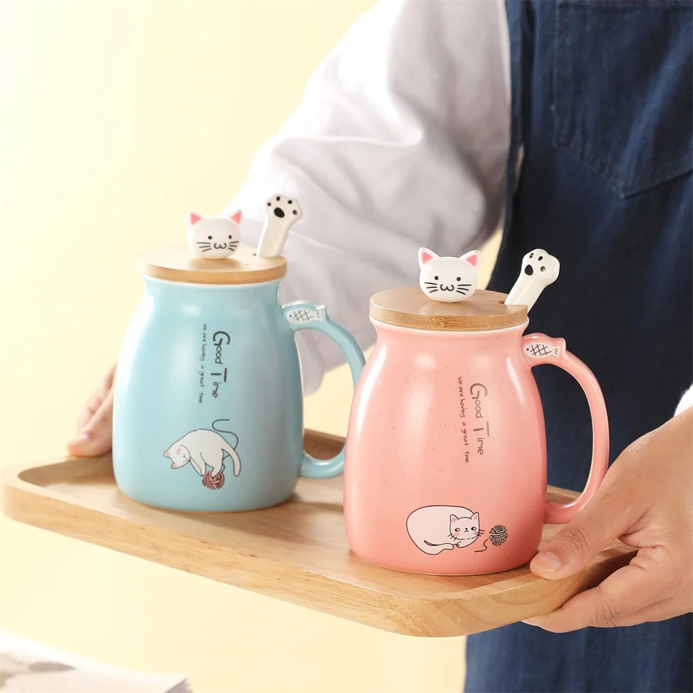 BigNoseDeer Cat Mug Cute Ceramic Coffee Cup with Lovely Kitty Lid, Cat Paw Spoon,kawaii coaster,Novelty Morning Cup Tea Milk Christmas Mug 380ml