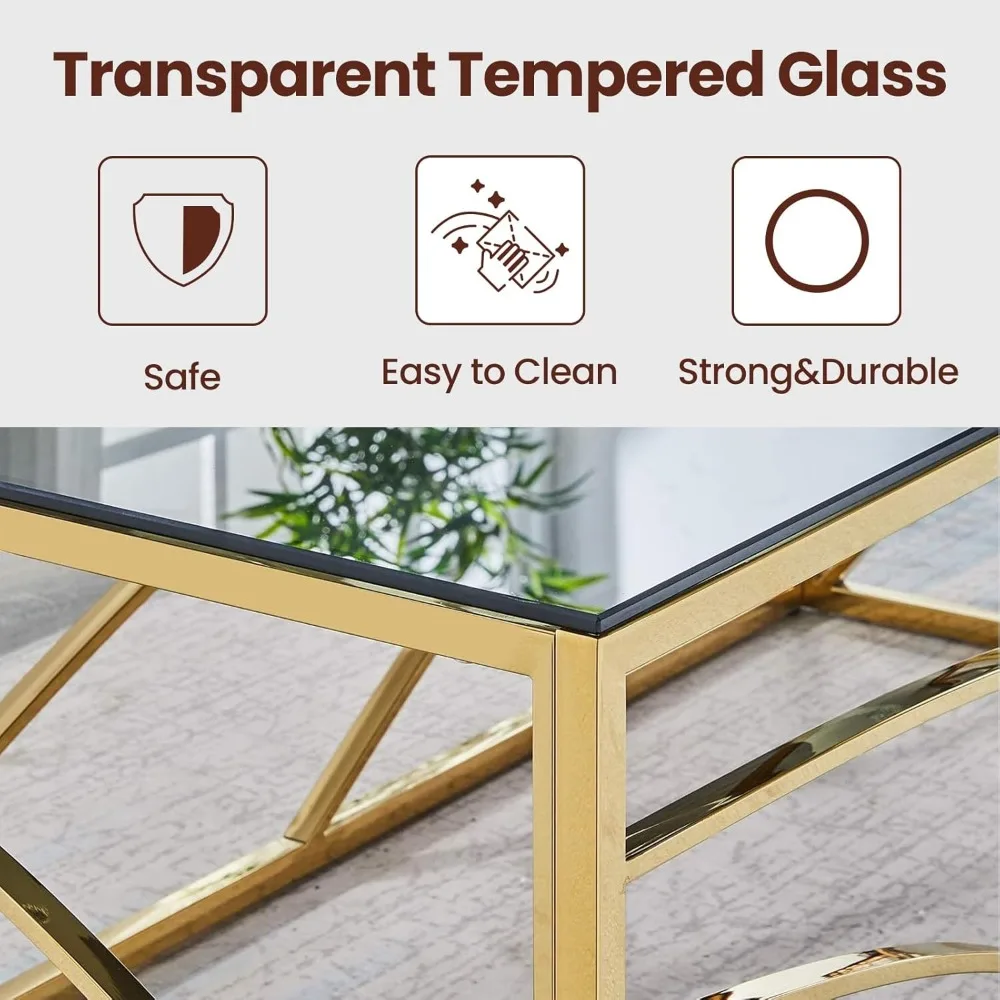 Accent Glass End Table Gold- Set of 1 Modern Square 21.45" Coffee Table Tempered Glass with Stainless Steel Frame, Sleek Side Ta 4