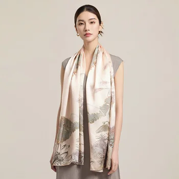 Sciarpa di seta da donna Sciarpe lunghe per la testa Scialli di seta di lusso al 100% Avvolge Sciarpa floreale 2025 Foulard con stampa Sciarpe di pura seta reale 1