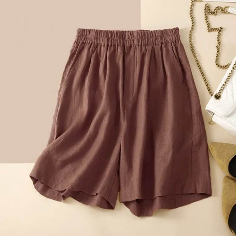 New Plus Size Women's Pants Cotton Linen Elastic Waist Slimming Bell Bottoms Casual Versatile Solid Colors Shorts Summer