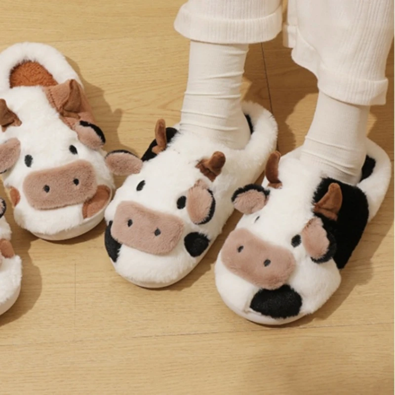 2024 Winter Warm Milk Cow Women Slippers Men Cute Soft Plush Sandals Adults Lovely Non-slip Flip Flops Couples Home Flat Slides 2