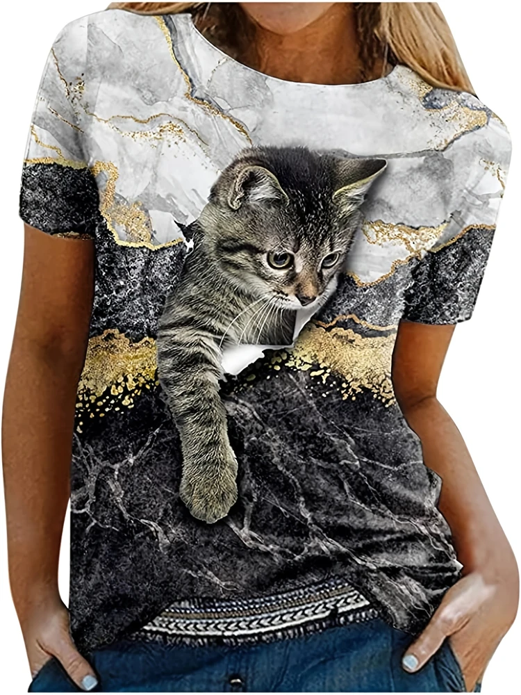 Sommer Casual frauen T Shirt Cartoon Nette Katze Gedruckt O Hals Kurzarm frauen Outdoor Lose T-shirt Tops Elegante kleidung – Detail 10
