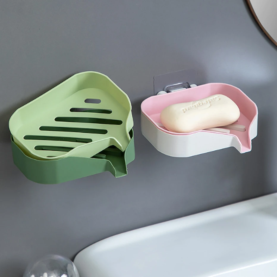 

Wall Mounted Drain Soap Box Punch-free Double Layer Soap Holder Sponge Tray Bathroom Accessories Soap Organizer Dishes Box
