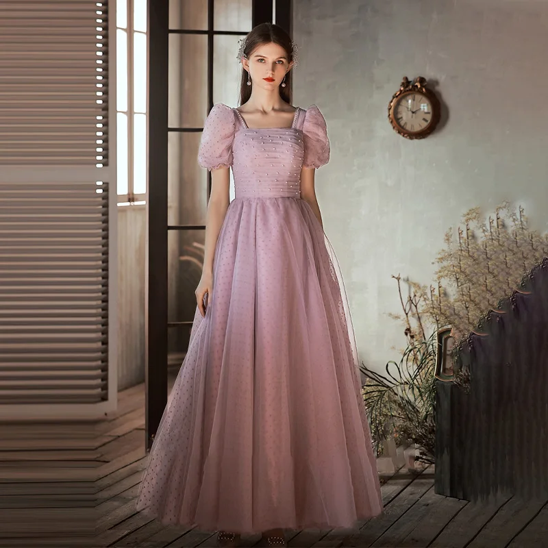 

It's Yiiya Evening Dresses Purple Dots Pearls Square Colar Short Sleeves A-line Floor-length Plus size Women Party Formal Gowns