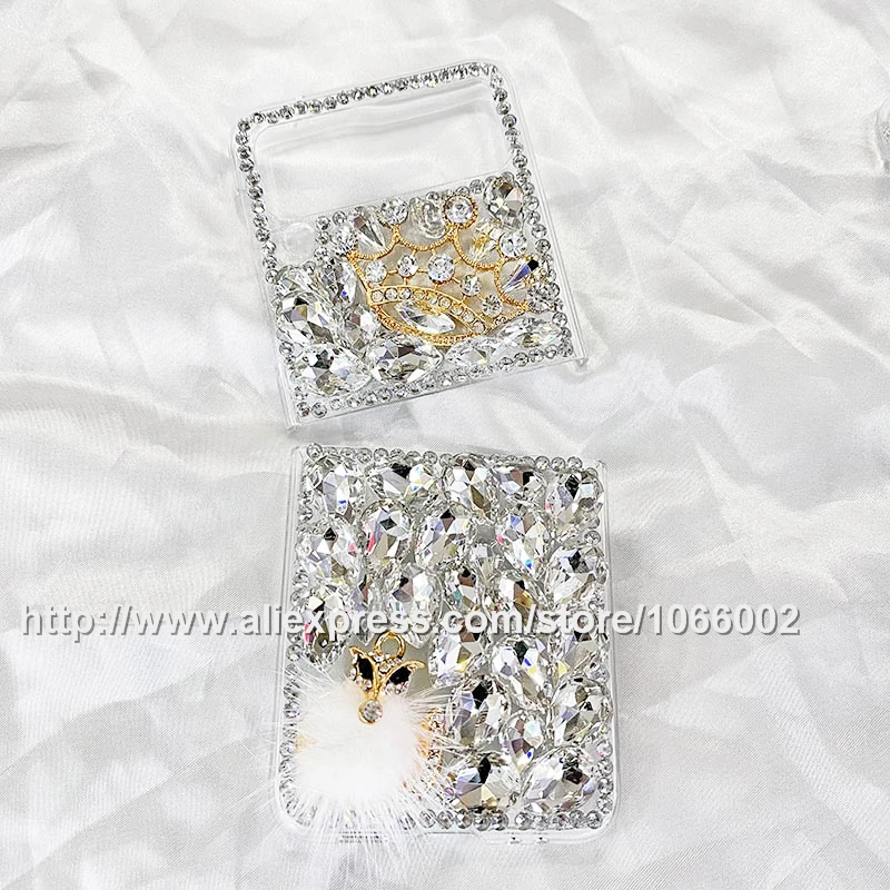 Cute 3D Crown Fox Fur Sparkle Gems Crystal Bling Cases for Samsung Galaxy Z Flip 3 4 Flip3 Z Flip 1 2 5G 4G Diamond Cases samsung z flip3 case