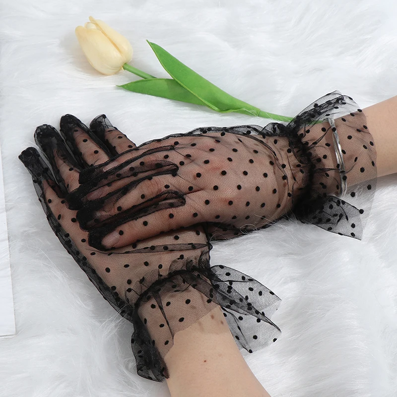 Lace Short Gloves Ruffle Trim Layer Tulle Mesh Semi Sheer Black Polka Dot