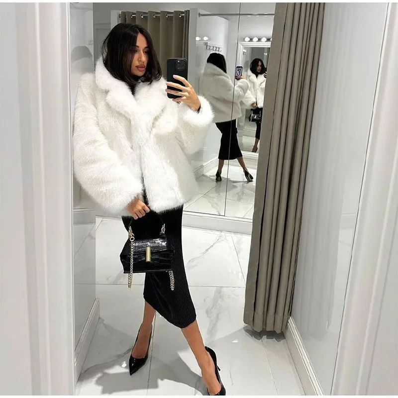 Fluffy Faux Fur Coat Women Elegant Loose Lapel Plush Long Sleeve Buckle Thick Jacket Autumn Winter Solid Warm Overcoat New