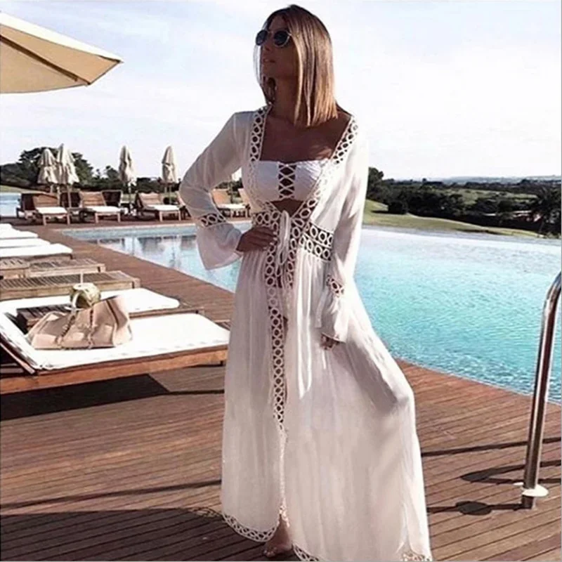 Multiple Circles Lace Beach Dress Bikini Cover Up Dress Women Summer White Boho Solid Colors Cardigan Style Robe Swim Cover Up