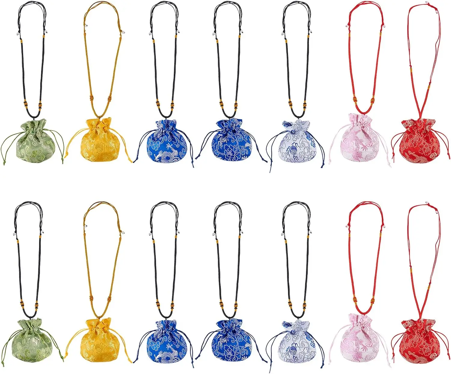 

12Pcs Brocade Jewelry Pouches with Rope 6Colors Embroidered Bags with Drawstrings Chinese Silk Pouches Drawstring Bag