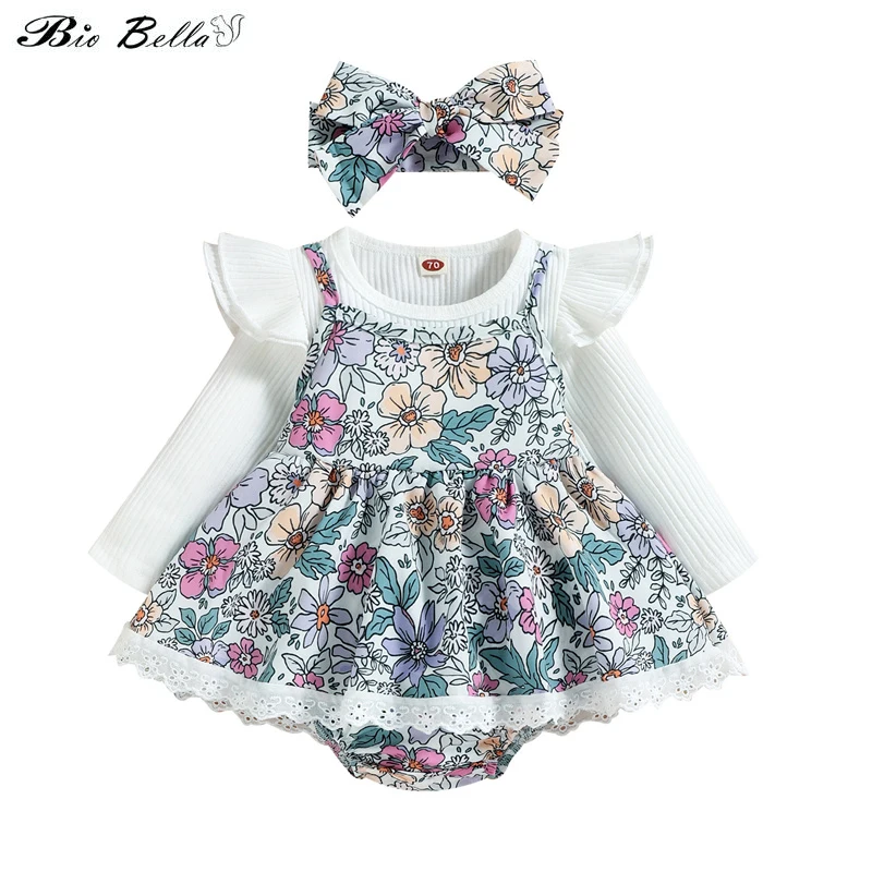 

Осенняя одежда для маленьких девочек, комплект детской одежды, топ в полоску с длинным рукавом и многослойные подтяжки с оборками, боди с цветочным принтом, наряды для девочек