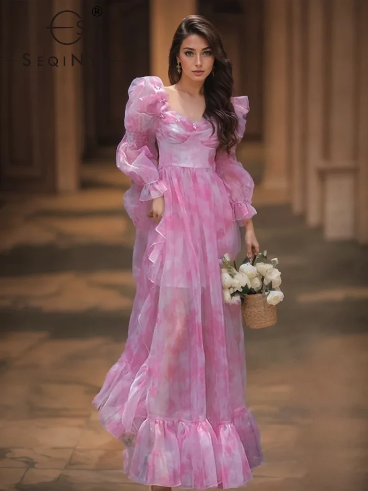 

SEQINYY Elegant Long Dress Summer Spring New Fashion Design Women Runway Beading Ruffles Pink Print A-Line Casual Holiday