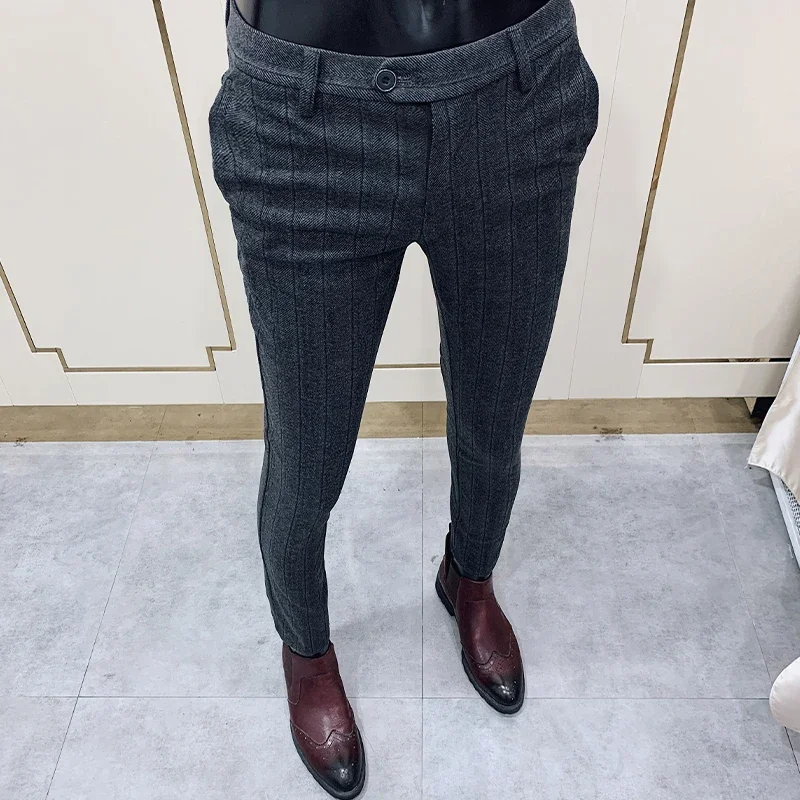 Autumn Winter Striped Woolen Cloth Suit Pants Men Casual Slim Straight Warm For Business Social Office stretch pants business pants suit pants men pants