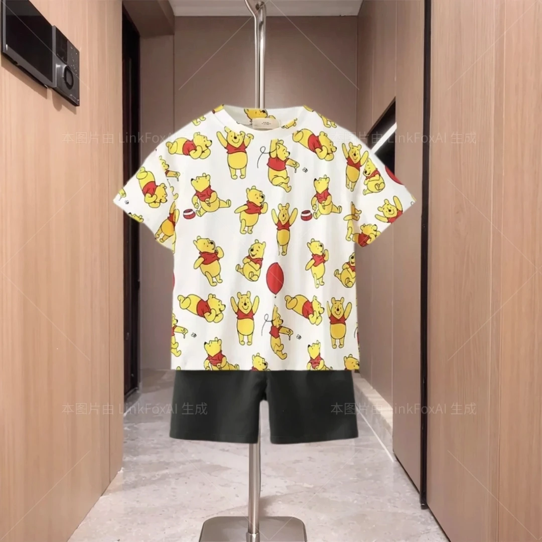 Summer Children's Set With Cartoon Print Design O-neck Affordable Short Sleeved And Shorts Children's Two-piece Set