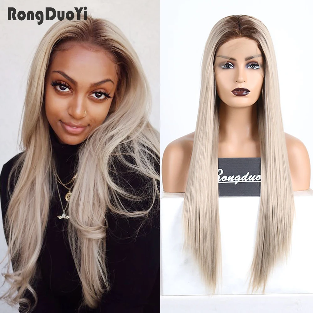 

RONGDUOYI Long Straight Hair Synthetic Lace Wig Natural Hairline Ombre Blonde Wigs for Women Heat Resistant Fiber Cosplay Wigs