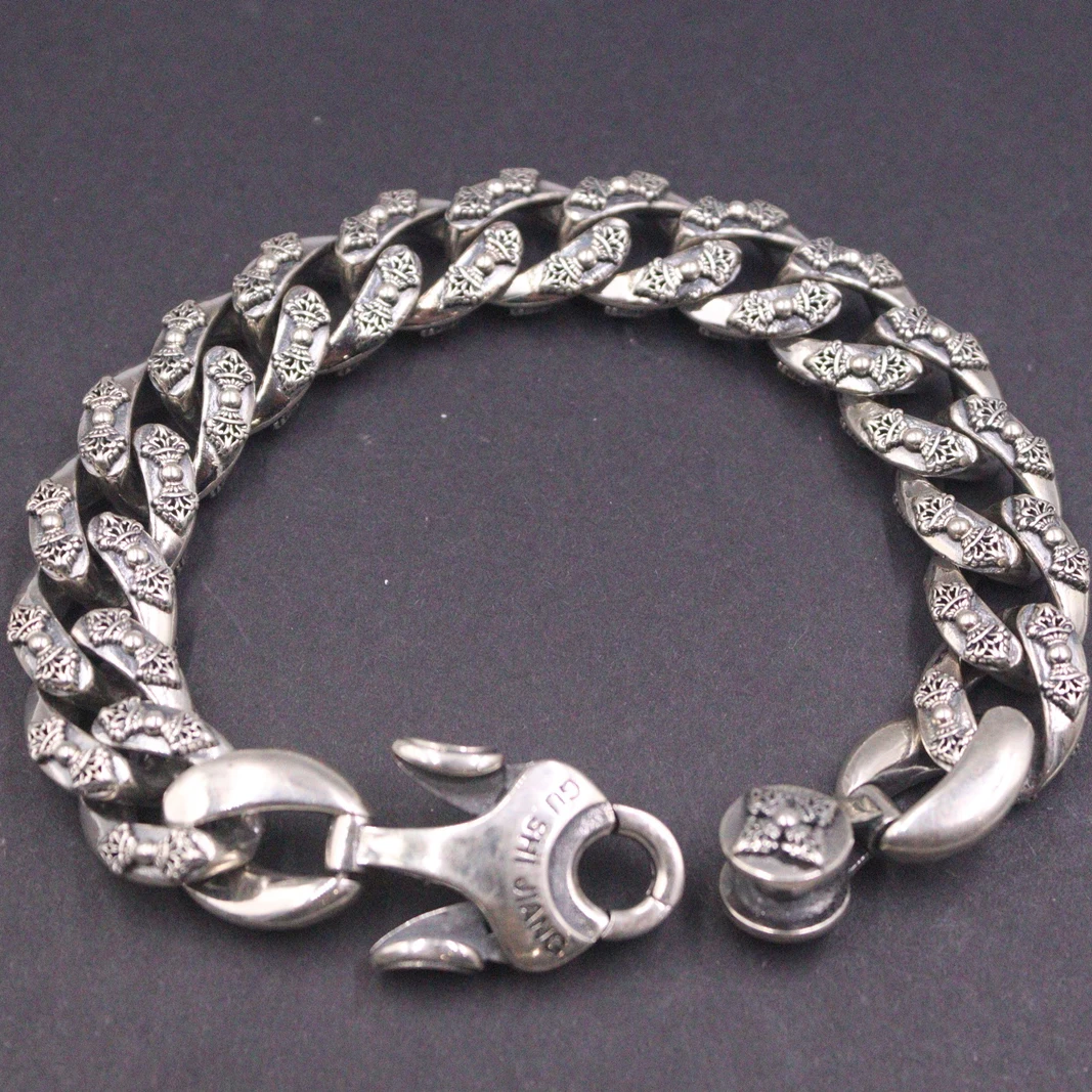 

Real 925 Sterling Silver Bracelet Men Women 14mm Heavy Lucky Vajra Pattern Curb Cuban Link 8.66inch Length /100-105g