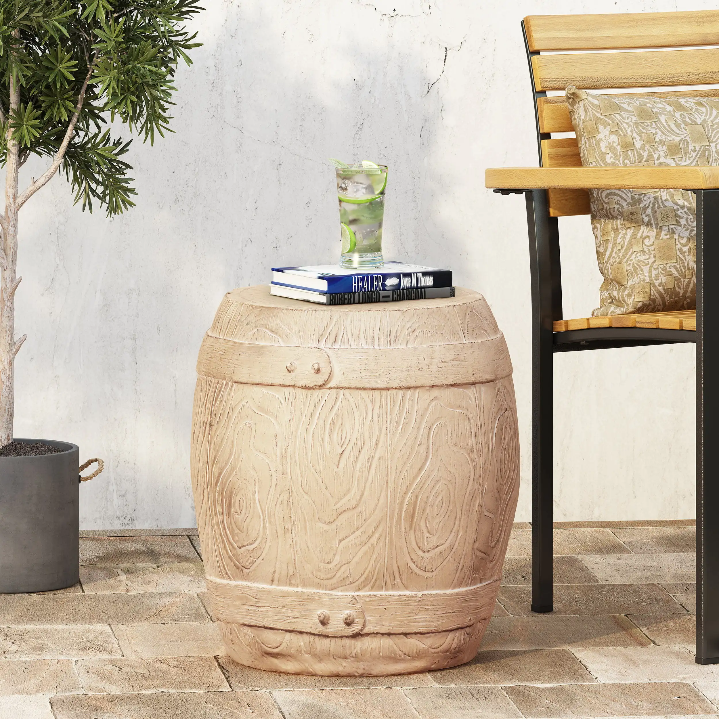 

High Load-bearing Strong Stable and Durable Lightweight Concrete Outdoor Side Table, Natural Wood