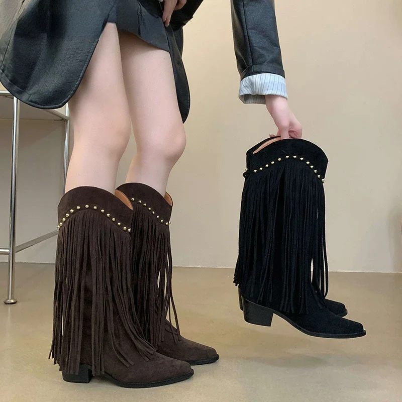 

Designer Tassel Cowboy Boots: Fashionable Pointed Toe, Slip-On Style, and Elegant Square Heel for Women's Knight Booties