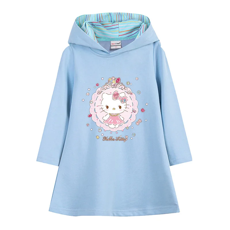 thumbnail image 1 of Vestido con capucha de longitud media para niños de Hello Kitty, vestido de manga larga con estampado de dibujos animados para niñas, ropa para niños, falda acampanada de estilo occidental, 1 of 4