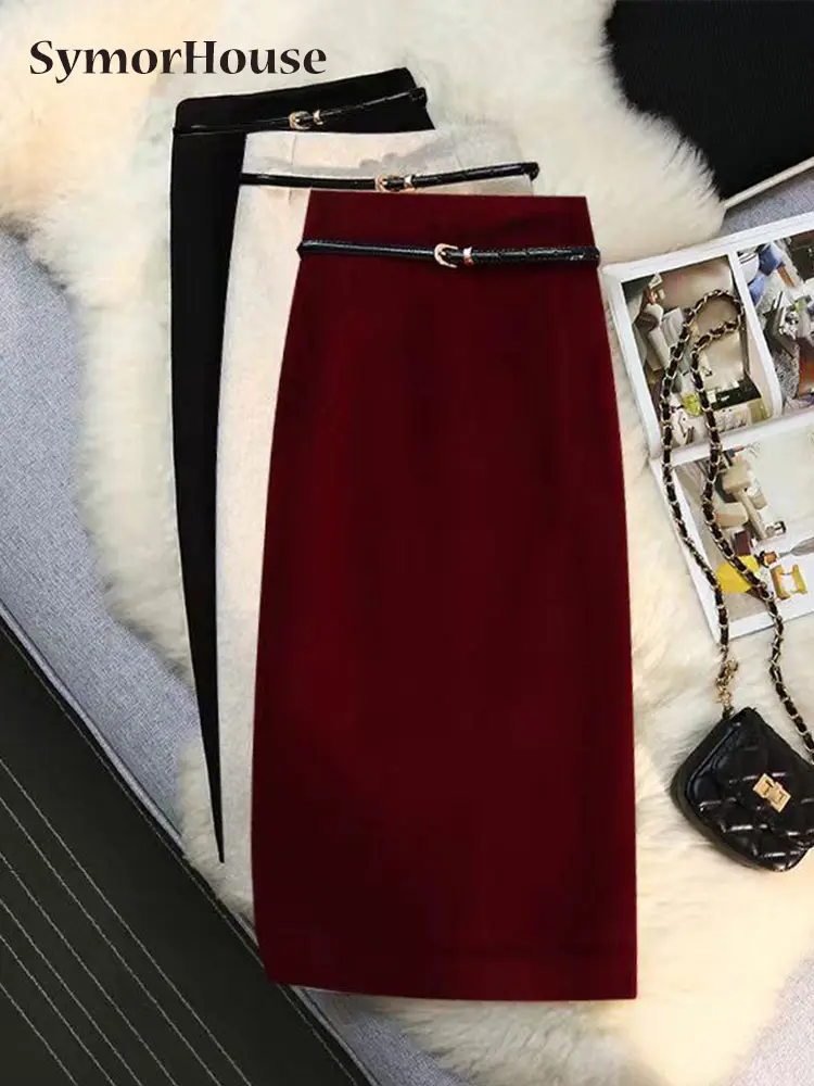 

Autumn Winter Woolen Bodycon Pencil Skirt Women High Waist Split Belt Knee-Length Midi Skirt Fashion Ladies Work Skirts Female