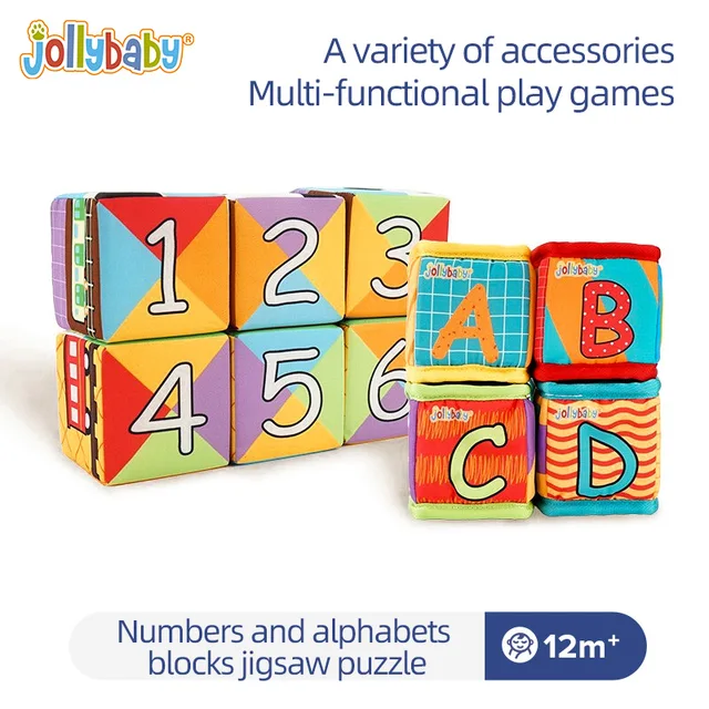 Jollybaby Montessori Blocks Set Learning Cube Toys Stacking Alphabet Number Puzzle Crinkle Rattles from 3 Months Baby 1 Year 1
