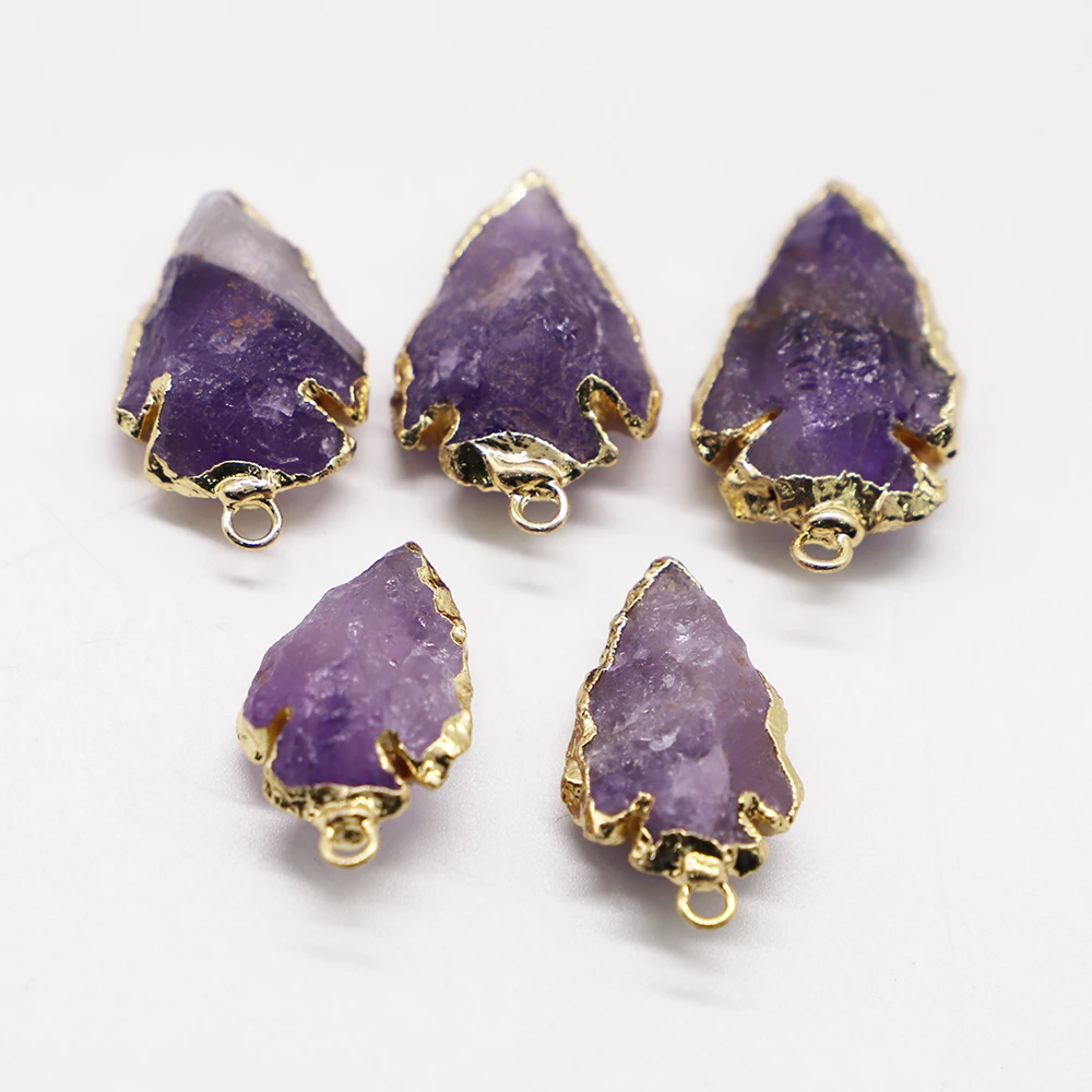 New Boutique Raw Ore Natural Stone Amethyst  ArrowHead Pendants Rough For Healing Point Charm Necklace Jewelry Accessories 6Pcs