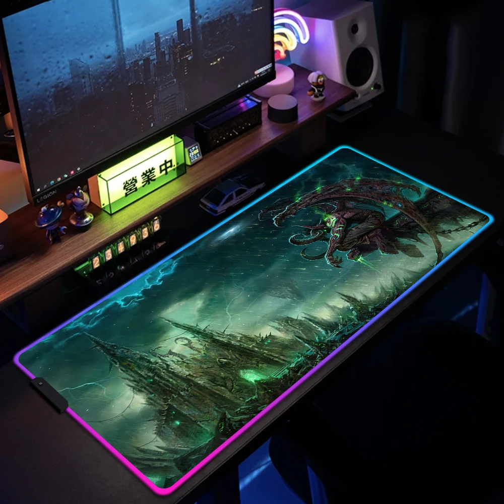 World Of Warcraft Illidan Rgb Gaming Mouse Pad Xxl Computer Gamer Large Led Mousepad Decorazione Desktop Wow Desk Mat Wit Retroilluminato