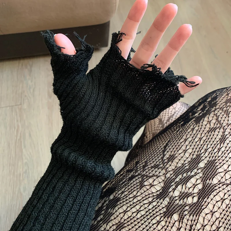 Black Tattered Punk Unisex Fingerless Cuff Knit Gloves 1pair Women Men Elbow Length Mittens Broken Stretch Arm Warmer Gloves fingerless gloves,half finger gloves