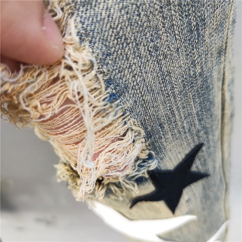 Men Jean Hole Patch Ripped Jeans Stretch Pencil Pant Streetwear Elastic Hip Hop Star Pattern Jean men jeans ripped jeans ripped patchwork jeans