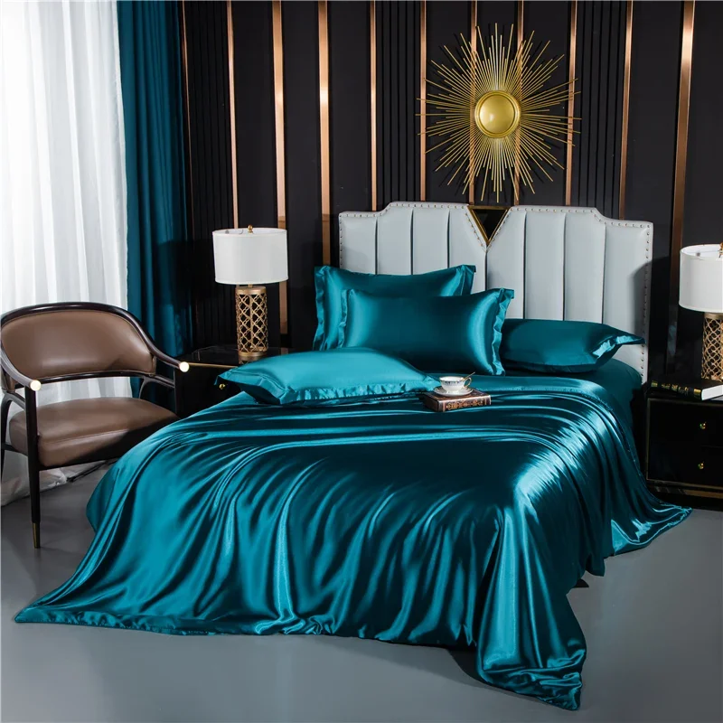 Solid-Silk-Bedding-Set-with-Duvet-Cover-Fitted-Flat-Bed-Sheet ...