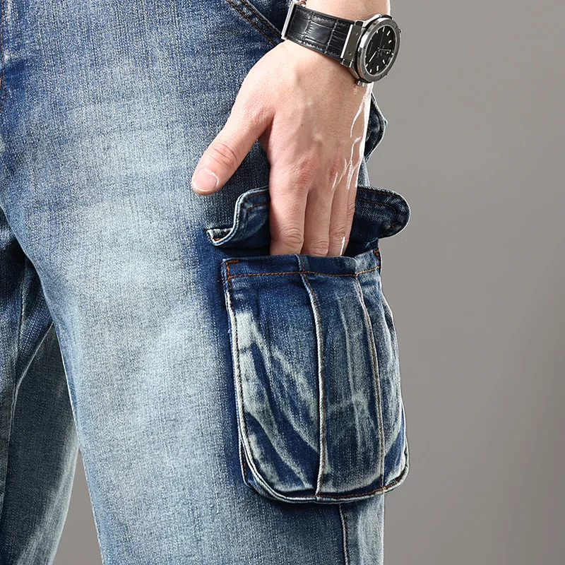 American High Street Washed Retro Denim Shorts Youth Fashion Multi-pocket Loose Denim Pants for Men Workwear Shorts