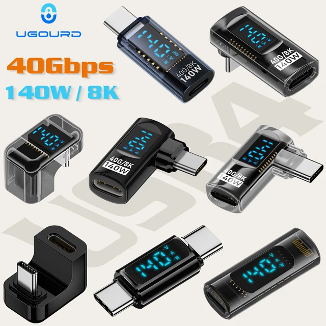 USB 4 Type C Adapter 40Gbps 140W 90 Degree USB C Adapter for Thunderbolt 4 3 Cable Connector Right Angle U Shape Digital Display